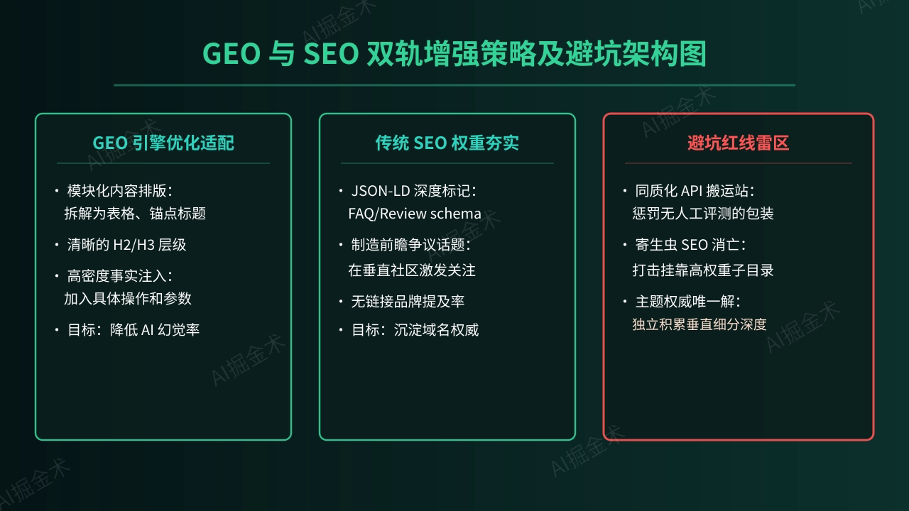 GEO/SEO 双轨增强与防坑